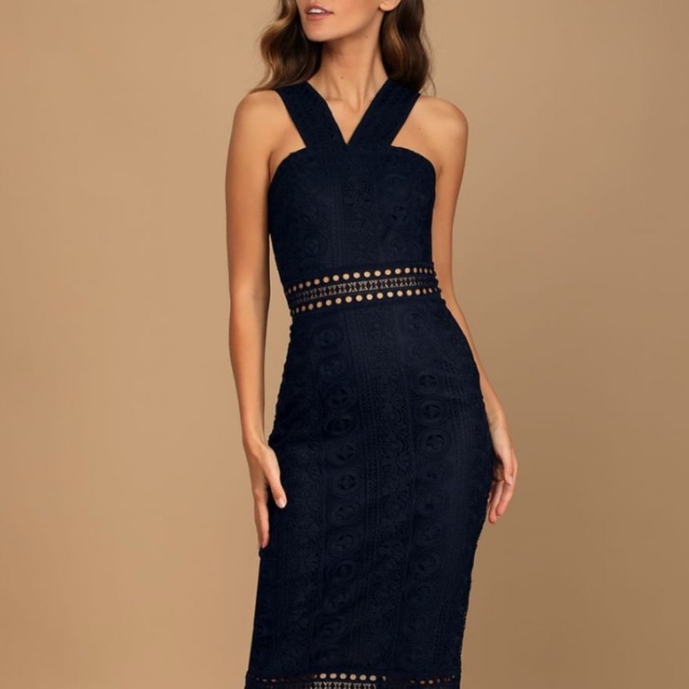 👗Lulus Cocktail Ready Navy Blue Crochet Lace Midi Dress